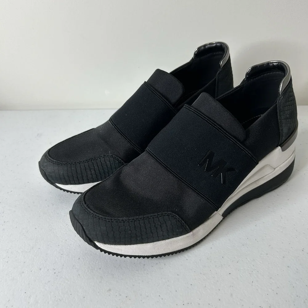 Michael Kors Women's 7.5 Felix Trainer Wedge Tech Canvas Sneakers Black